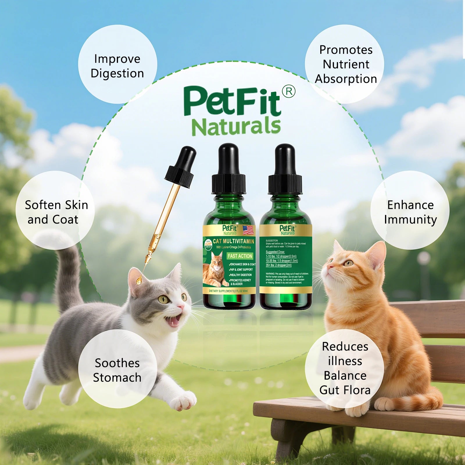 PetFit Naturals 2oz Liquid Cat Vitamins Lysine Probiotics Omega3 Supplement for Feline Kidney Immunity Skin Digestive Health