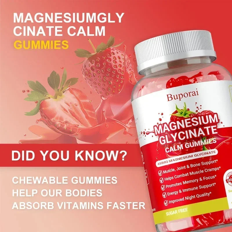 Magnesium Glycinate Gummies - Dietary Supplement, Promotes Muscle, Joint & Bone Health, Relieves Muscle Cramps, Natural Sleep
