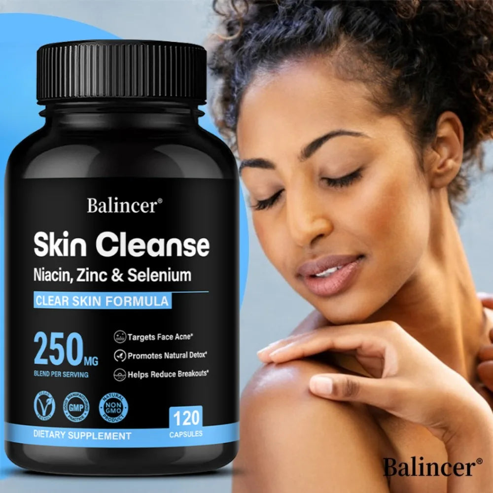 Skin Cleanse Supplements for Men, Women & Teens – Niacin, Zinc & Selenium, Skin Health & Immune Support – 120 Vegan Capsules