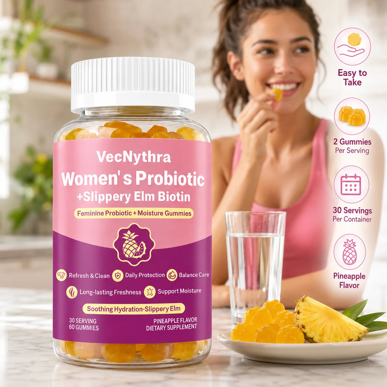 VecNythra Women's Daily Balance Probiotic Gummies with Vitamin C Slippery Elm Biotin 2 Billion CFU 60 Gummies