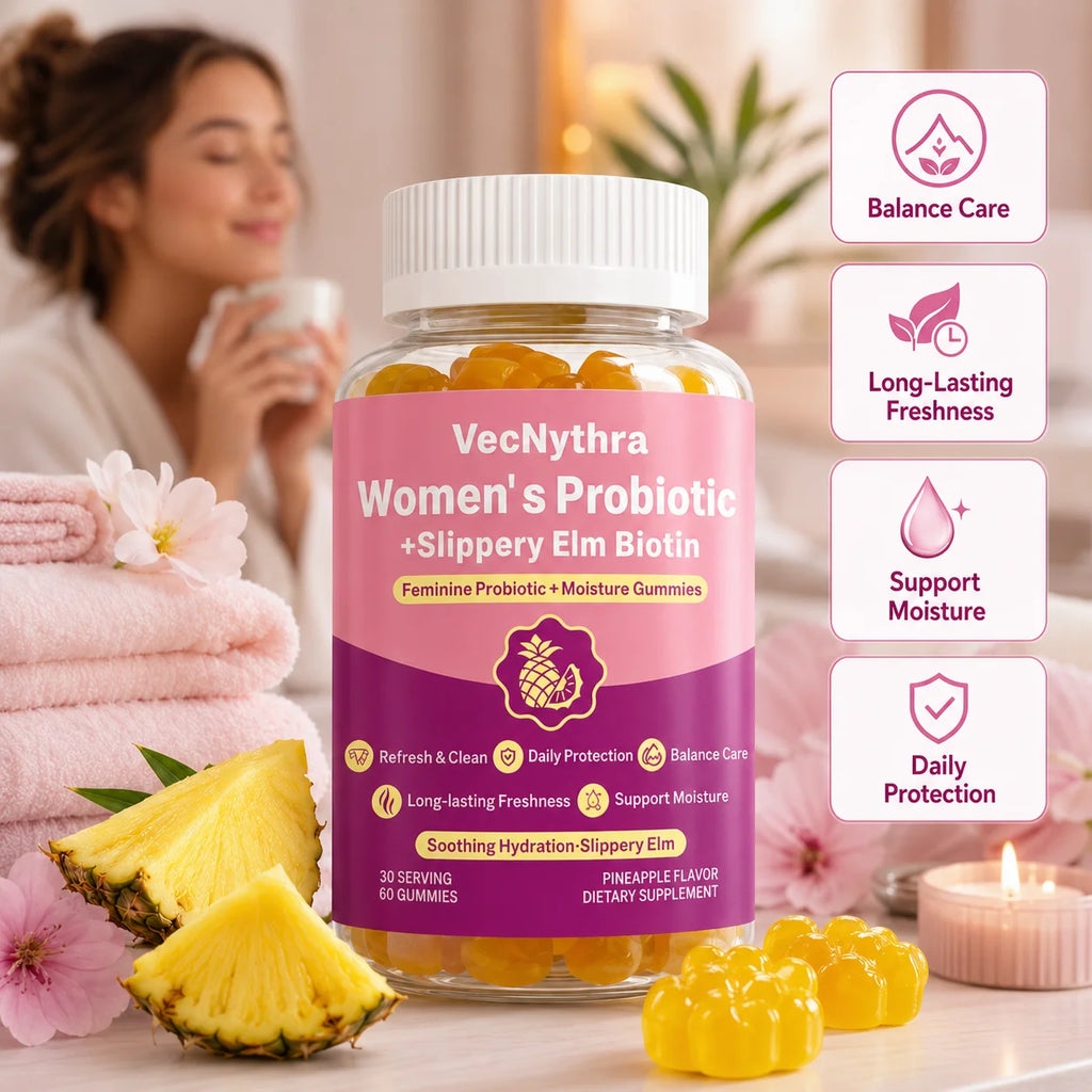 VecNythra Women's Daily Balance Probiotic Gummies with Vitamin C Slippery Elm Biotin 2 Billion CFU 60 Gummies