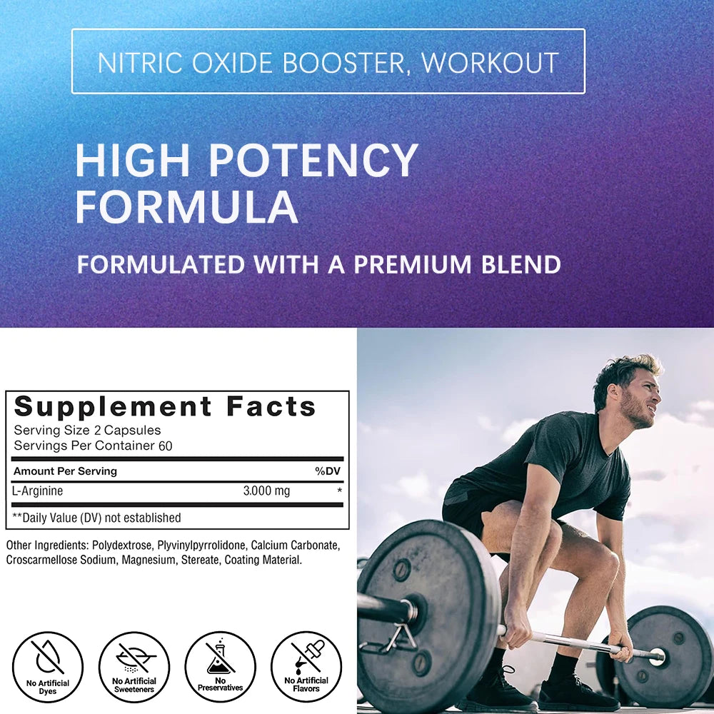 L Arginine 3000mg for Men Women, Muscle Mass Supplement for Endurance, Energy and Heart Health Support During Exercise, Non-GMO