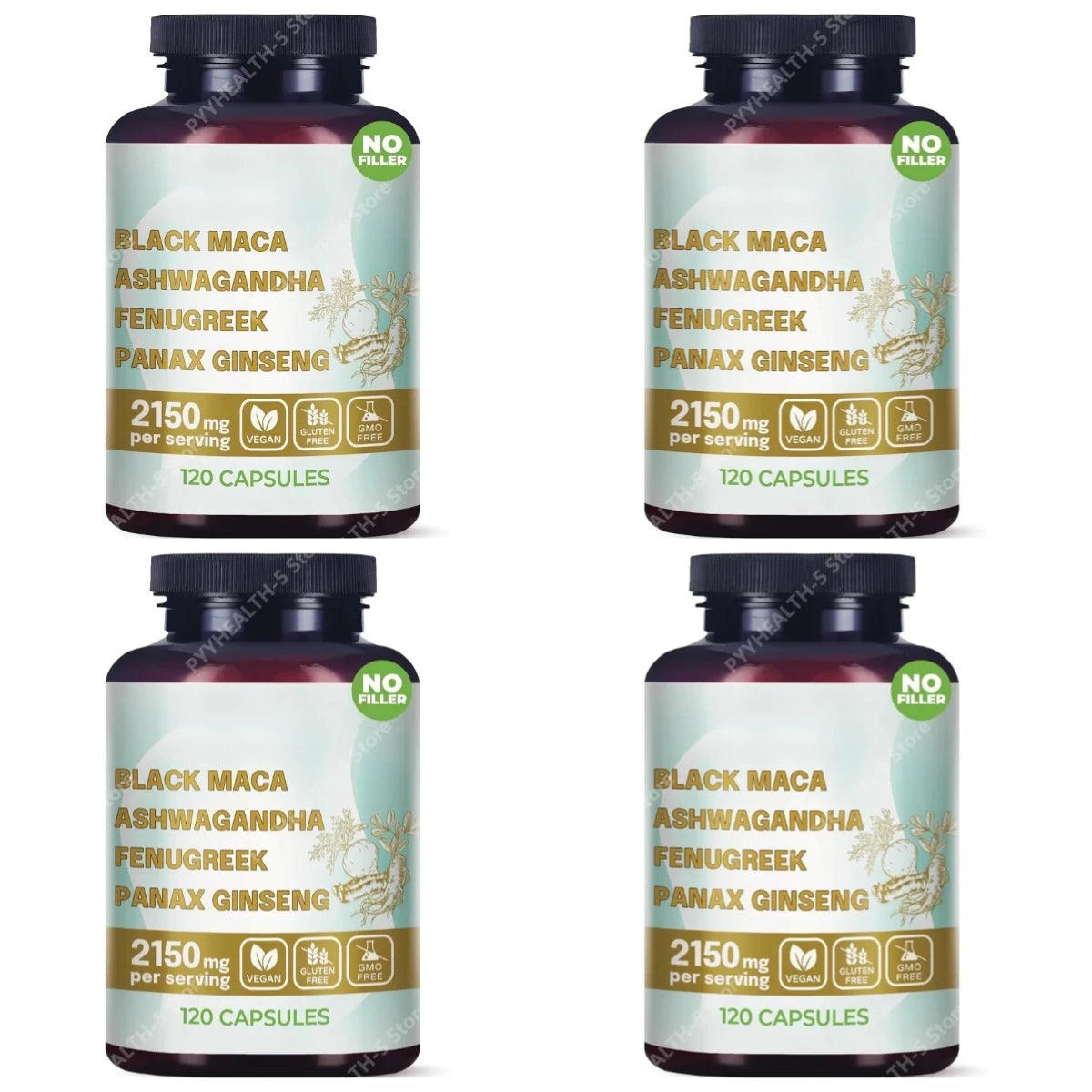 4-in-1 Organic Black Maca Root Ashwagandha Fenugreek Panax Ginseng Capsules 120 Count Male & Female Energy Support Supplement