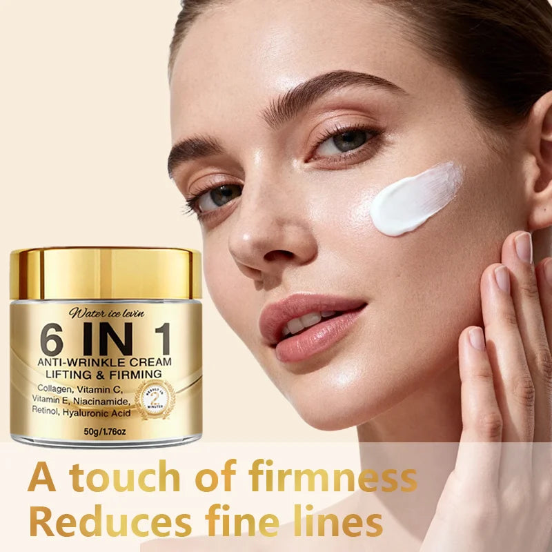 6-In-1 Anti-Wrinkle Cream. Lifts Firms Smooths Moisturizes. Collagen Vitamin C E Niacinamide Retinol Hyaluronic Acid. 50g