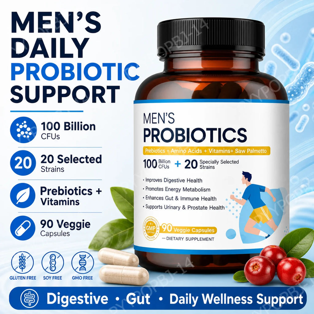 Men’s Probiotic Supplement 100 Billion CFU 20 Strains Prebiotics Digestive Enzymes Vitamins Gut Health Daily Wellness 90 Count