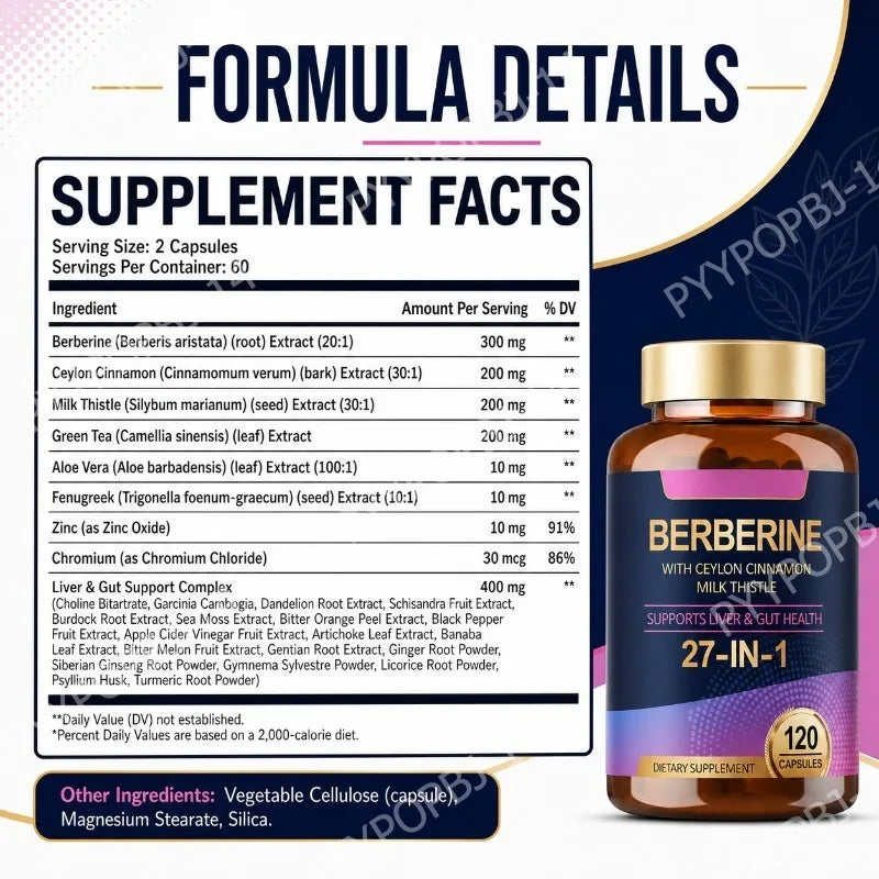 27 in 1 Berberine Supplement with Ceylon Cinnamon, Milk Thistle for Liver Gut Health Immunity Men & Women 120 Vegan Capsules