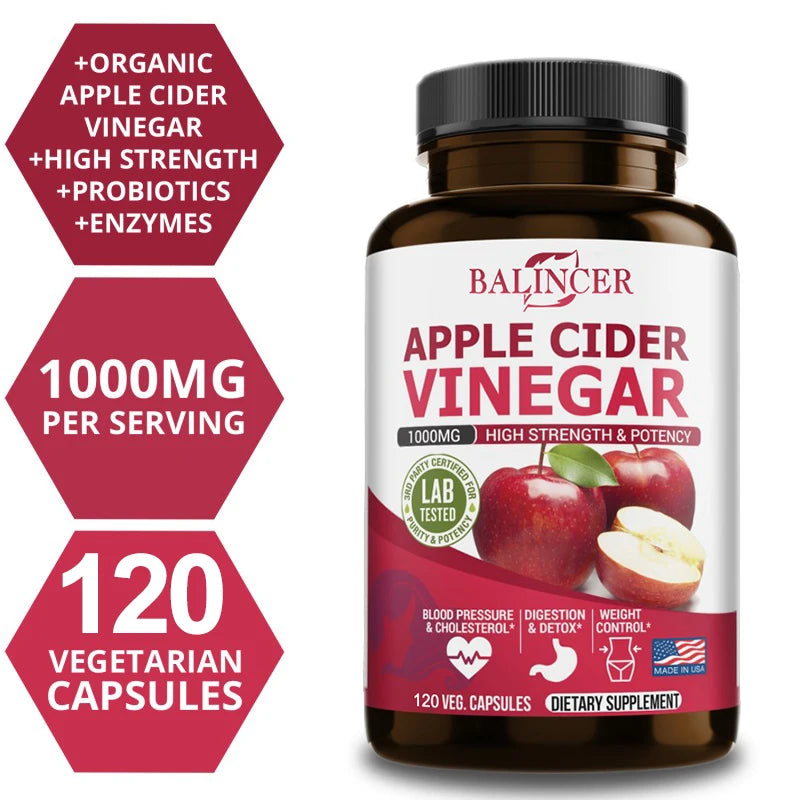 Apple Cider Vinegar Supplement - Fat Burning, Weight Management, Detox, Improves Digestion, Non-GMO- 120 Capsules