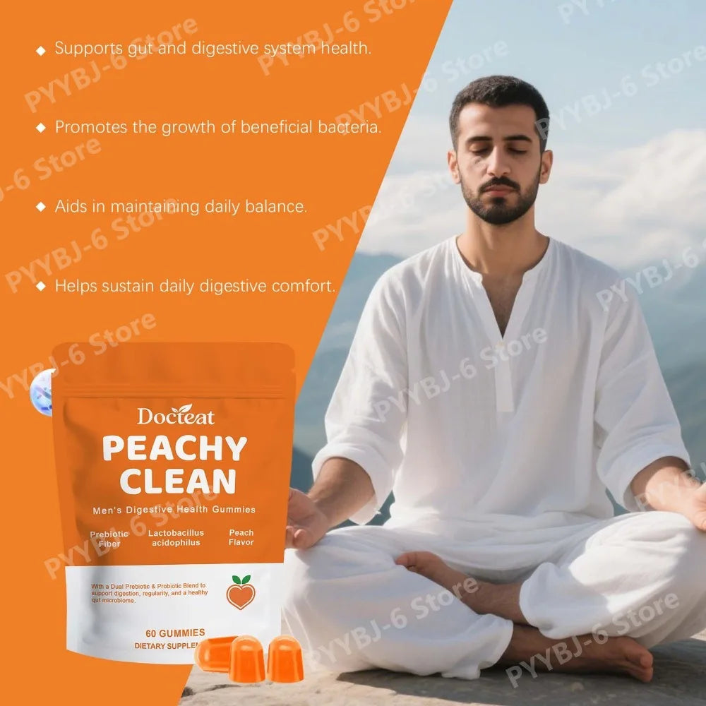 Docteat Peachy Clean Men's Digestive Health Gummies Prebiotic & Probiotic Blend Peach Flavor 60 Gummies Dietary Supplement