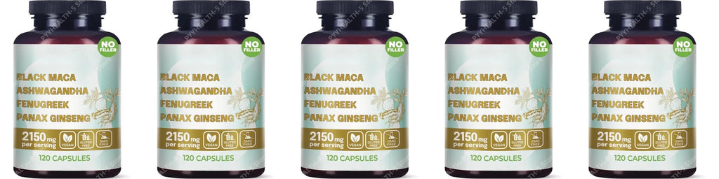 4-in-1 Organic Black Maca Root Ashwagandha Fenugreek Panax Ginseng Capsules 120 Count Male & Female Energy Support Supplement