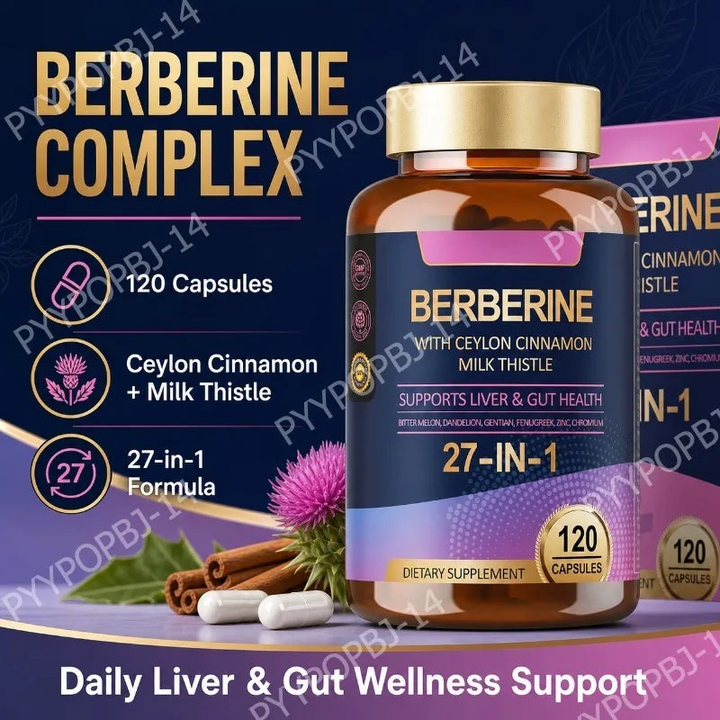 27 in 1 Berberine Supplement with Ceylon Cinnamon, Milk Thistle for Liver Gut Health Immunity Men & Women 120 Vegan Capsules