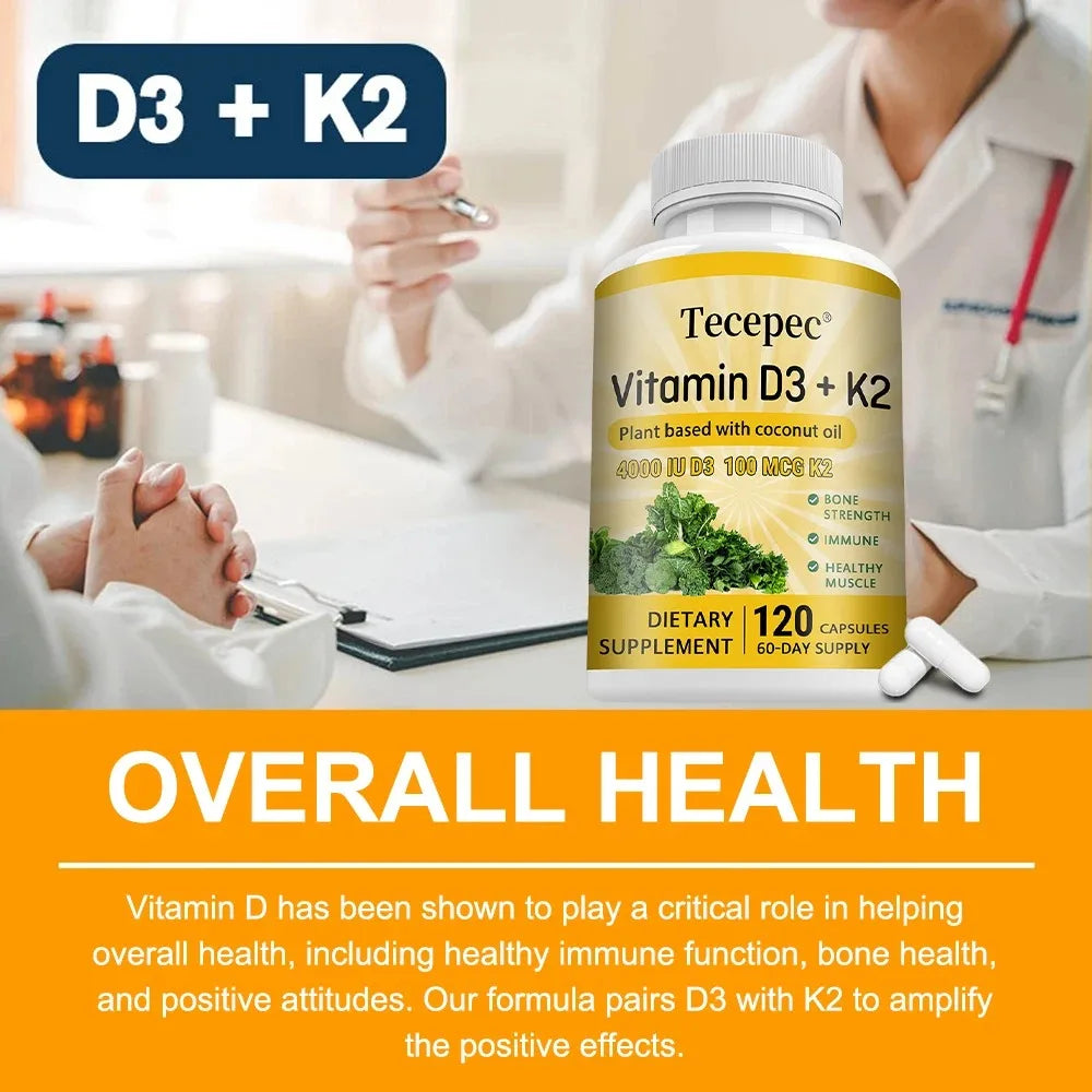 Vitamin D3 + K2, Supports Bone, Teeth, Digestion, Immune & Heart Health, Non-GMO, Dietary Supplement, 120 Capsules