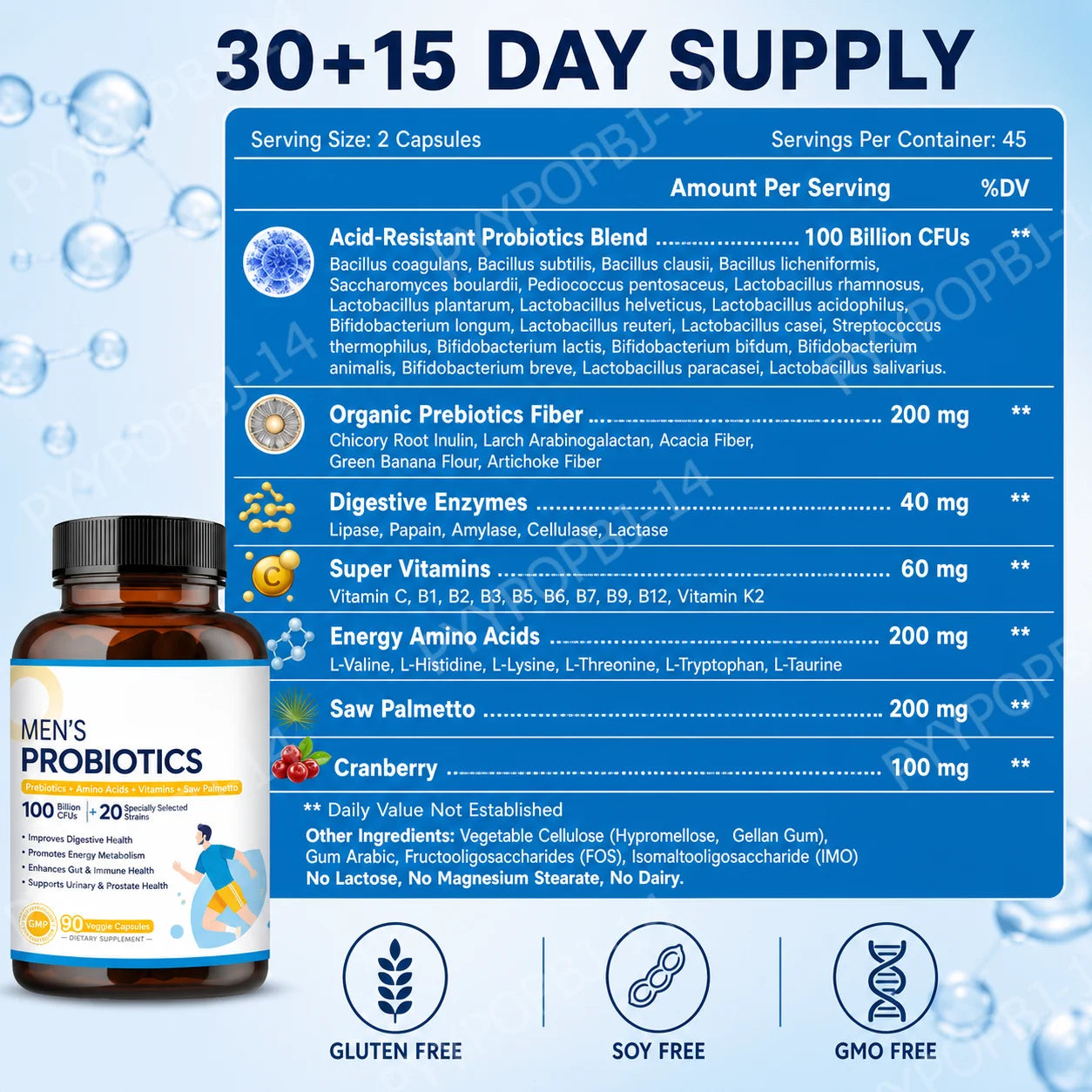 Men’s Probiotic Supplement 100 Billion CFU 20 Strains Prebiotics Digestive Enzymes Vitamins Gut Health Daily Wellness 90 Count