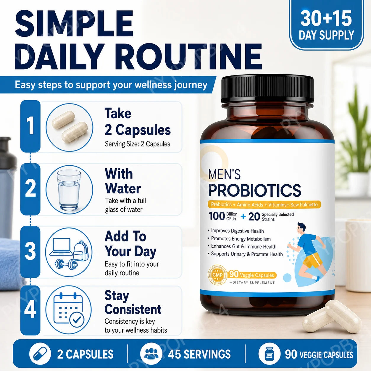 Men’s Probiotic Supplement 100 Billion CFU 20 Strains Prebiotics Digestive Enzymes Vitamins Gut Health Daily Wellness 90 Count