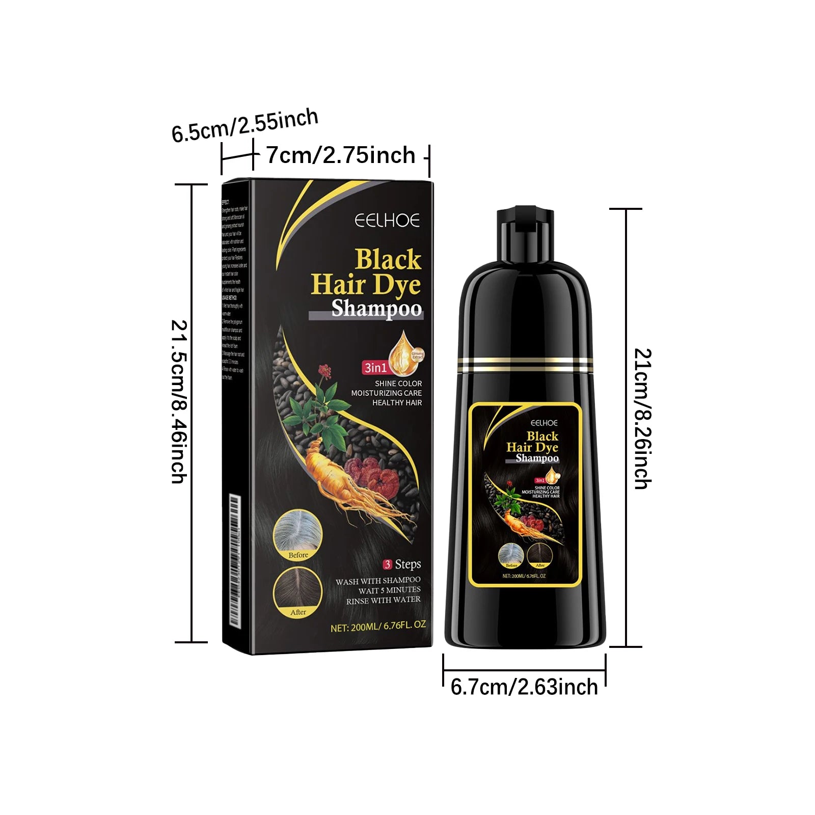Black Hair Colouring Shampoo 3 in 1 Natural Herbal Essence Instant Colouring Shiny Hair Dye Shampoo Cleaning Nourishing Hair for Covering White
