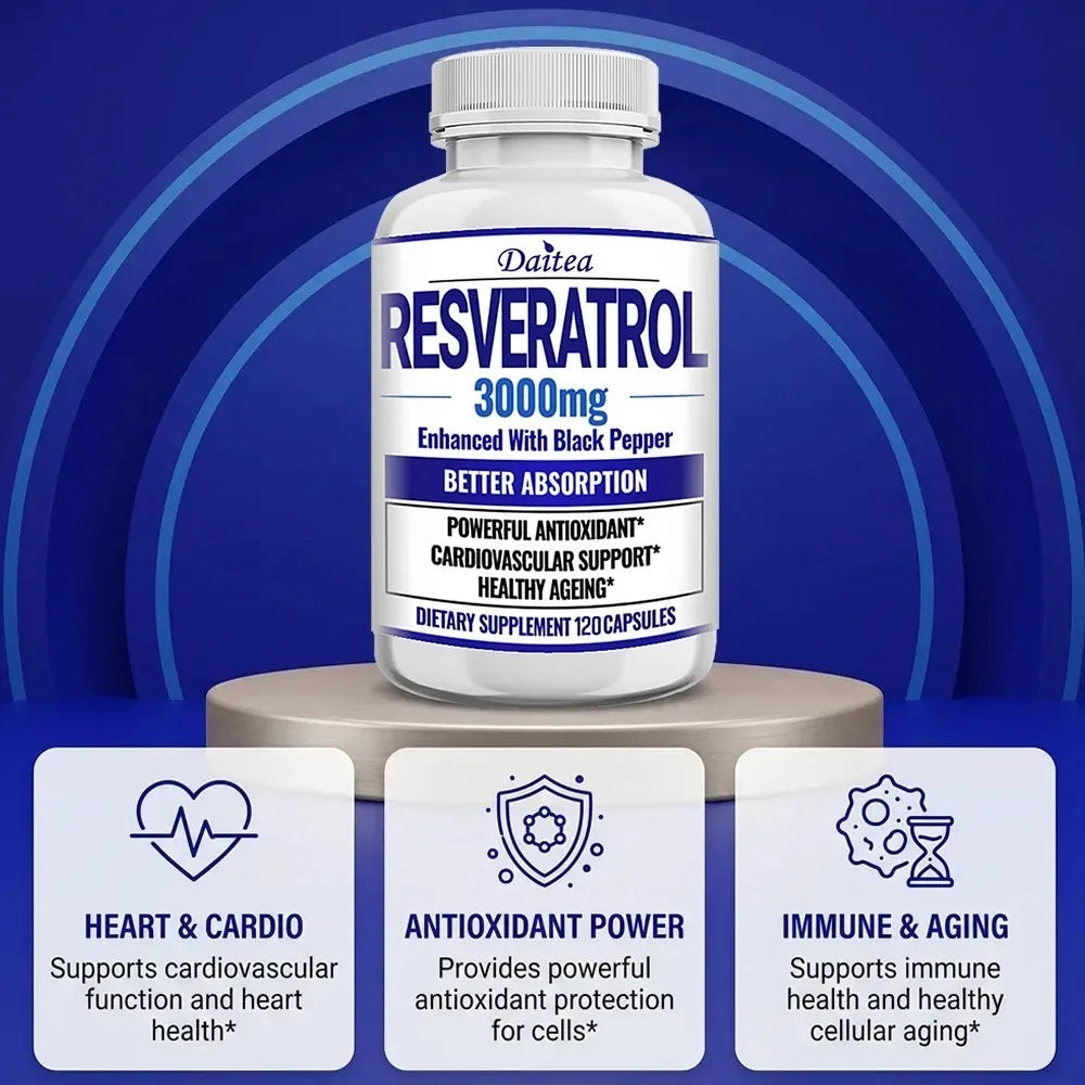 Resveratrol Supplement Capsules - Anti-Aging, Cardiovascular & Joint Support, Skin Health