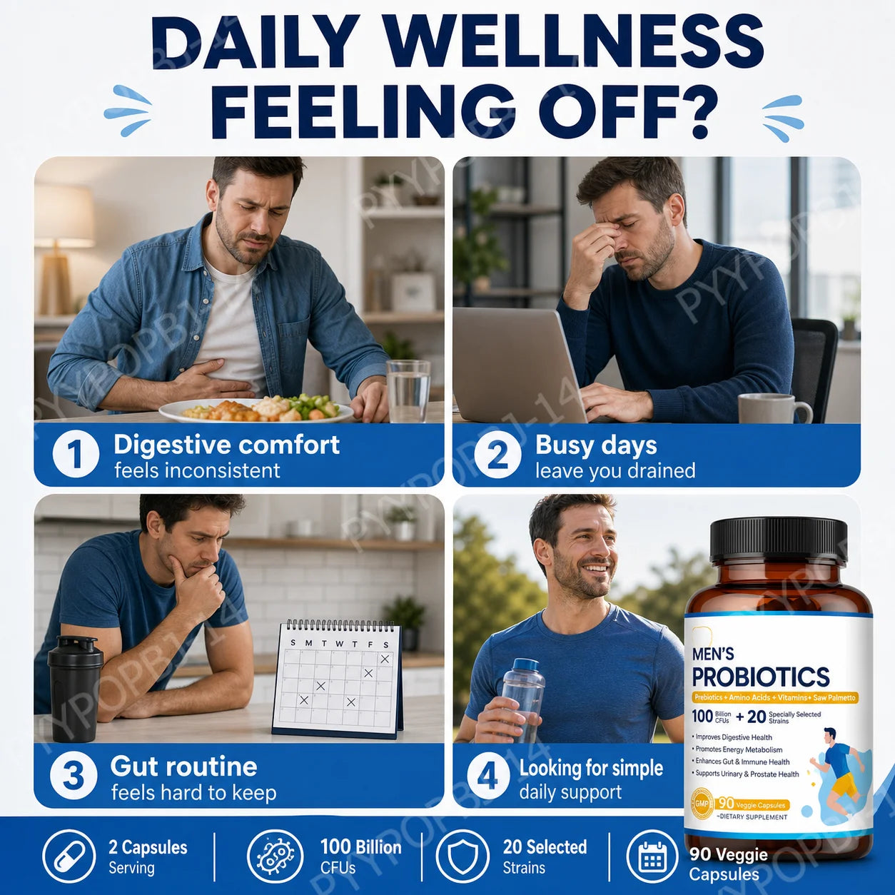 Men’s Probiotic Supplement 100 Billion CFU 20 Strains Prebiotics Digestive Enzymes Vitamins Gut Health Daily Wellness 90 Count