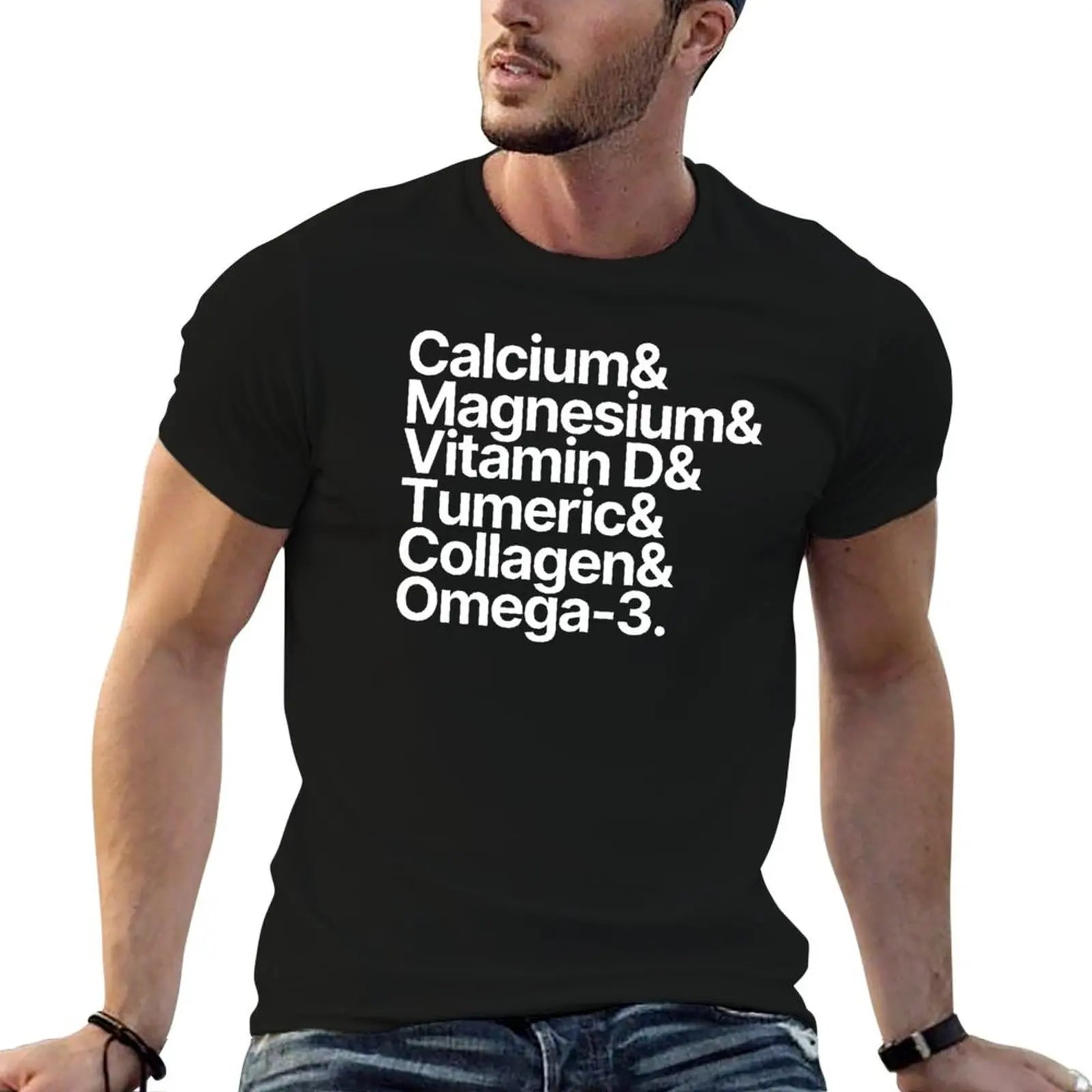 Health Supplements Calcium Magnesium Vitamin D Tumeric Collagen Omega-3 T-Shirt t shirts cotton 100% T-Shirt