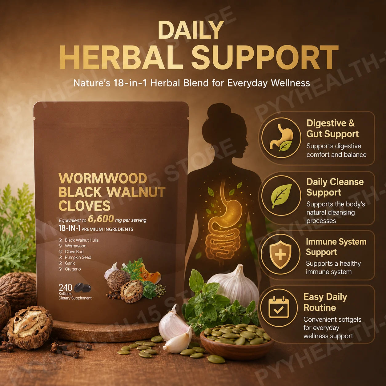 18-in-1 Wormwood Black Walnut Clove Softgels 6600mg Herbal Blend with Garlic Pumpkin Seed Oregano Daily Wellness 240 Softgels