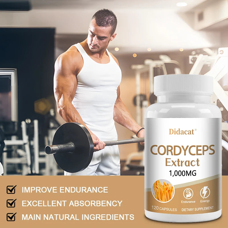 Natural Cordyceps 1000 Mg Supplement - Non-GMO 120 Capsules, Stamina and Energy Support, Helps Immune & Cardiovascular Health