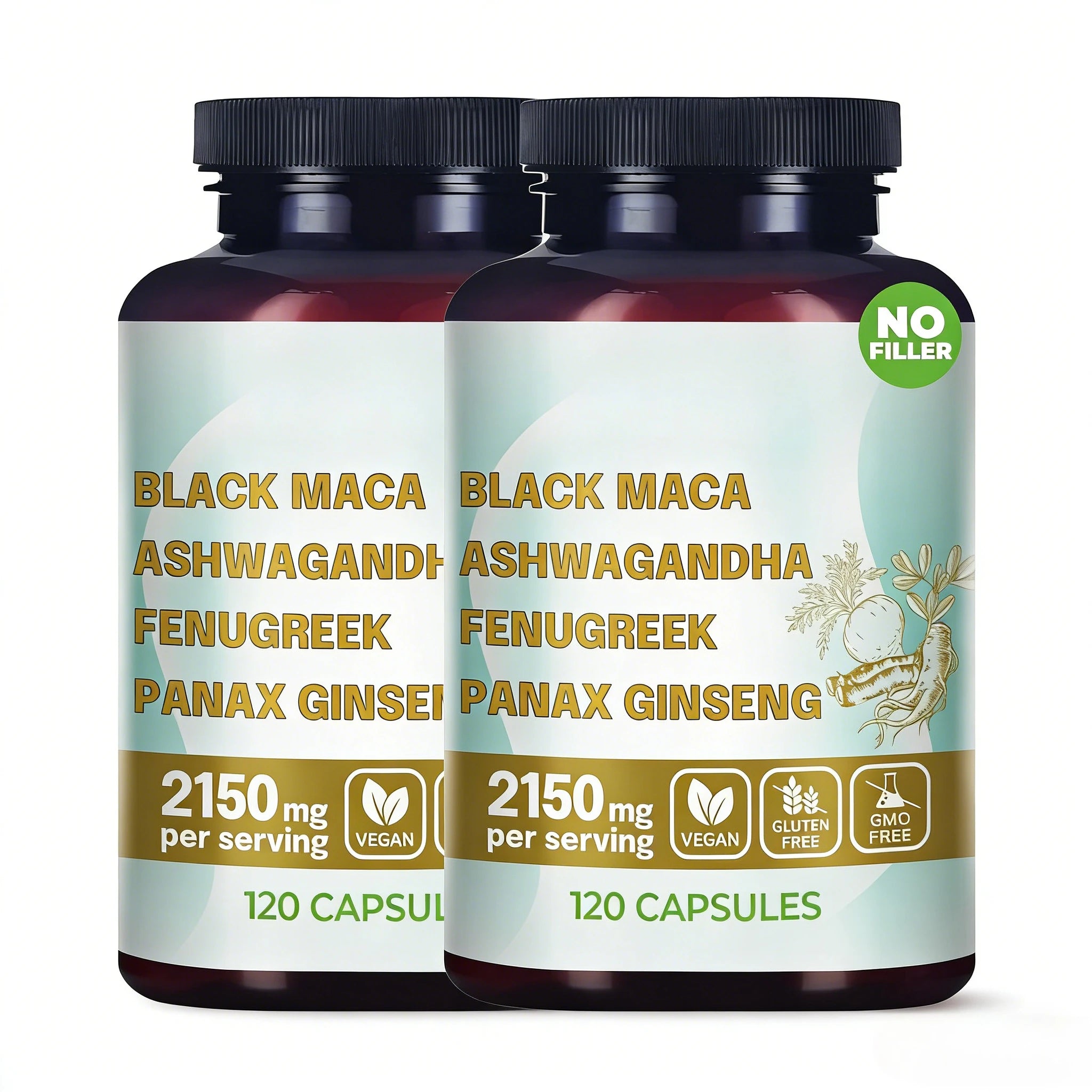 4-in-1 Organic Black Maca Root Ashwagandha Fenugreek Panax Ginseng Capsules 120 Count Male & Female Energy Support Supplement