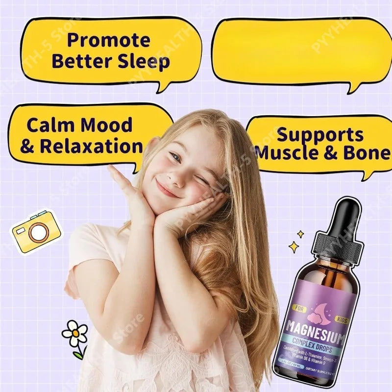 Kids Liquid Drops, Magnesium Glycinate with L-theanine Omega-3 Vitamin B6 D3 for Supports Bone Health and Relaxation 60 Ml