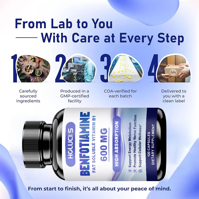 Benfotiamine Capsules, with Fat-Soluble Vitamin B1, Support Nerve Health, Energy Metabolism & Cellular Wellness for Men & Women
