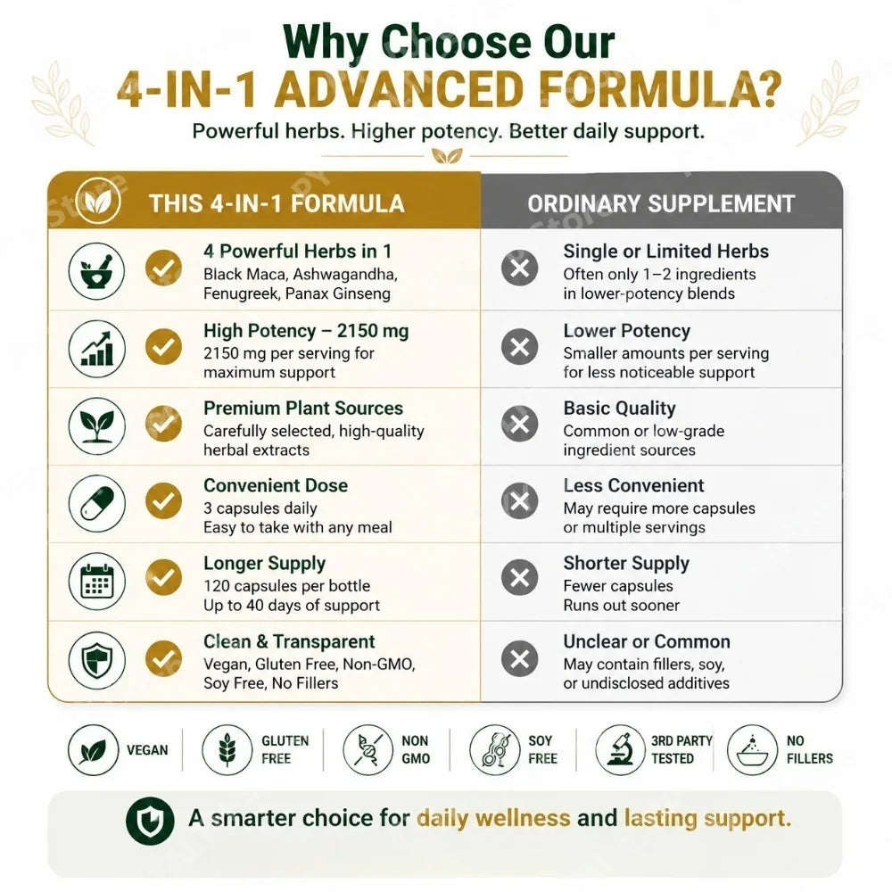 4-in-1 Organic Black Maca Root Ashwagandha Fenugreek Panax Ginseng Capsules 120 Count Male & Female Energy Support Supplement