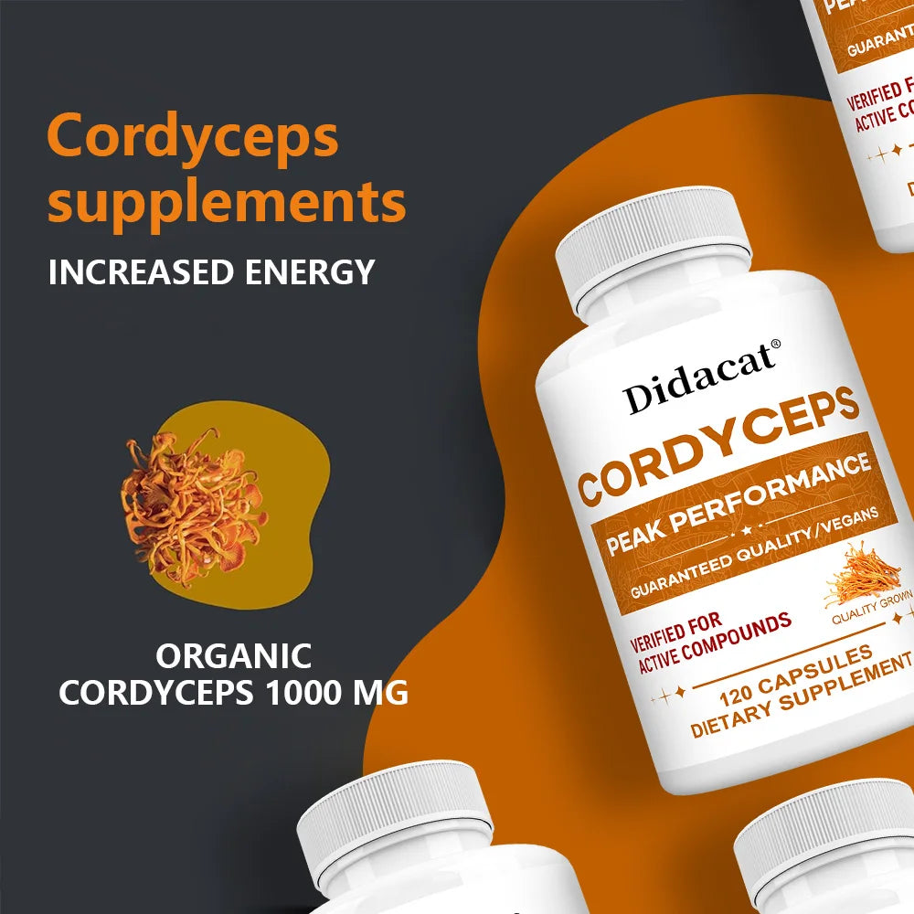Cordyceps Mushroom Capsules 1000mg, Natural Wellness Supplement, Support Brain, Energy, Stamina, Immune & Cardiovascular Health