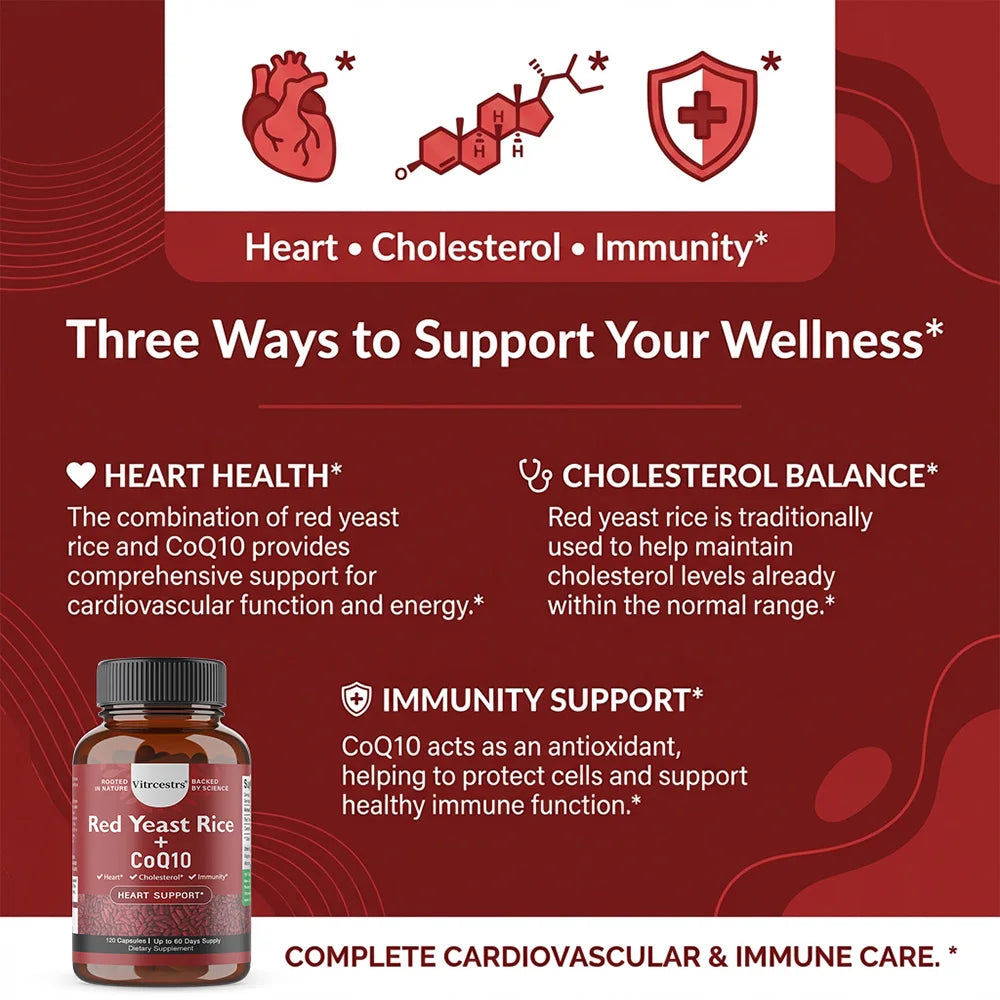 CoQ10 + Red Yeast Rice Supplement, for Cardiovascular & Heart Health, Anti-Aging, Energy Boost, Promote Vitality, Non-GMO