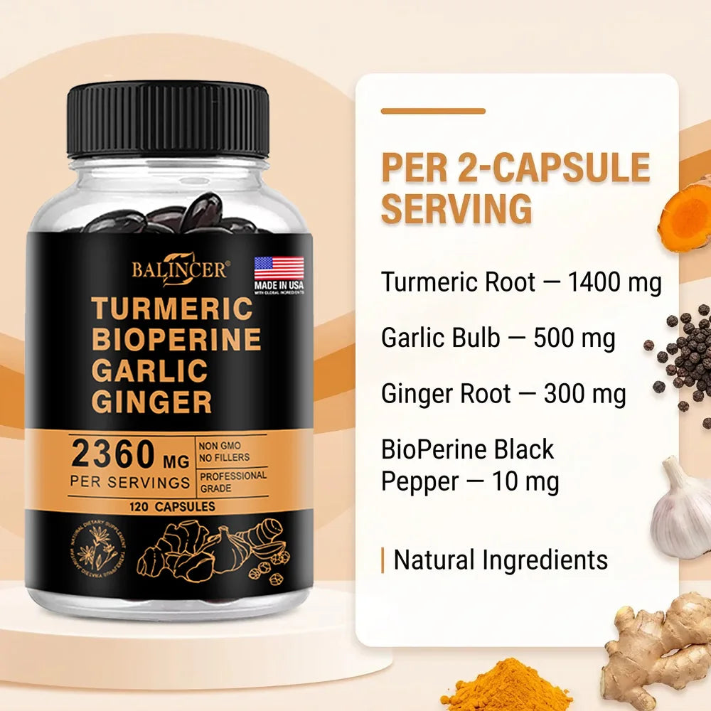 Turmeric Ginger Capsules 2360mg with Curcumin 95%, Garlic & Black Pepper, Joint Support, Digestion & Immune Health Supplement