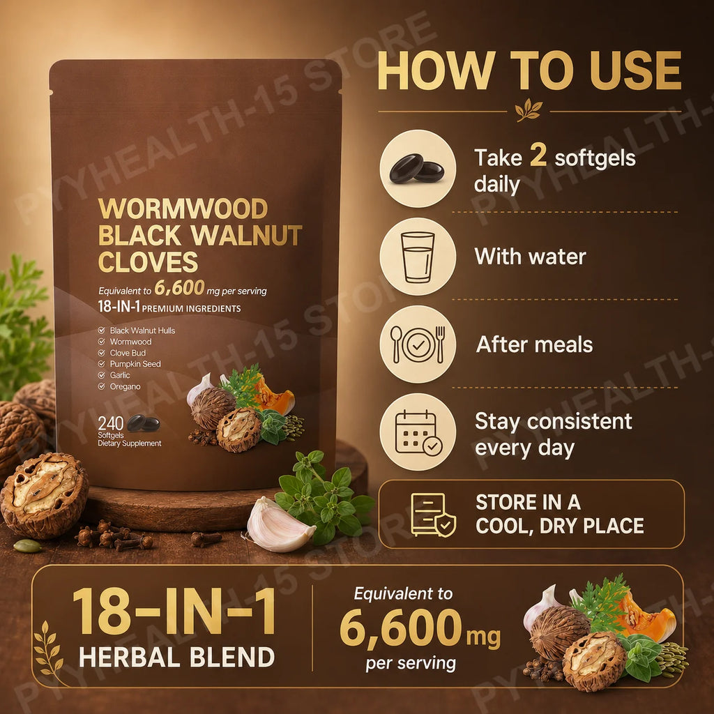 18-in-1 Wormwood Black Walnut Clove Softgels 6600mg Herbal Blend with Garlic Pumpkin Seed Oregano Daily Wellness 240 Softgels