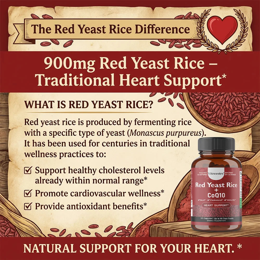 CoQ10 + Red Yeast Rice Supplement, for Cardiovascular & Heart Health, Anti-Aging, Energy Boost, Promote Vitality, Non-GMO