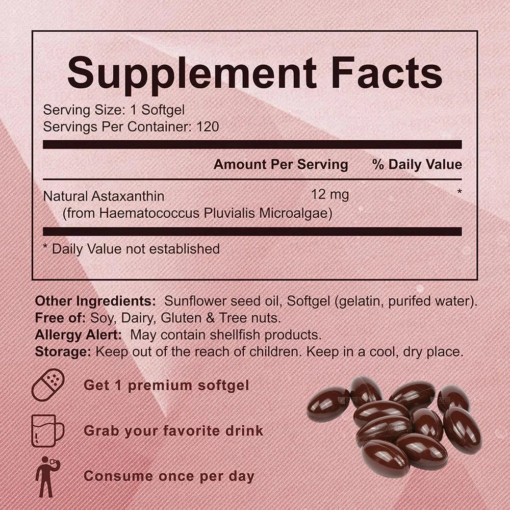 Astaxanthin 12mg, Premium Astaxanthin Antioxidant Supplements with Antioxidant Activity, Supports Eye, Immune, Skin Health