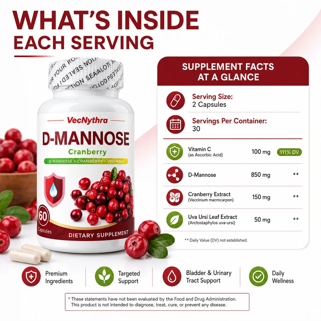 VecNythra Cranberry D-Mannose Supplement with Vitamin C Uva Ursi Leaf Extract for Women 60 Capsules 30 Day Supply