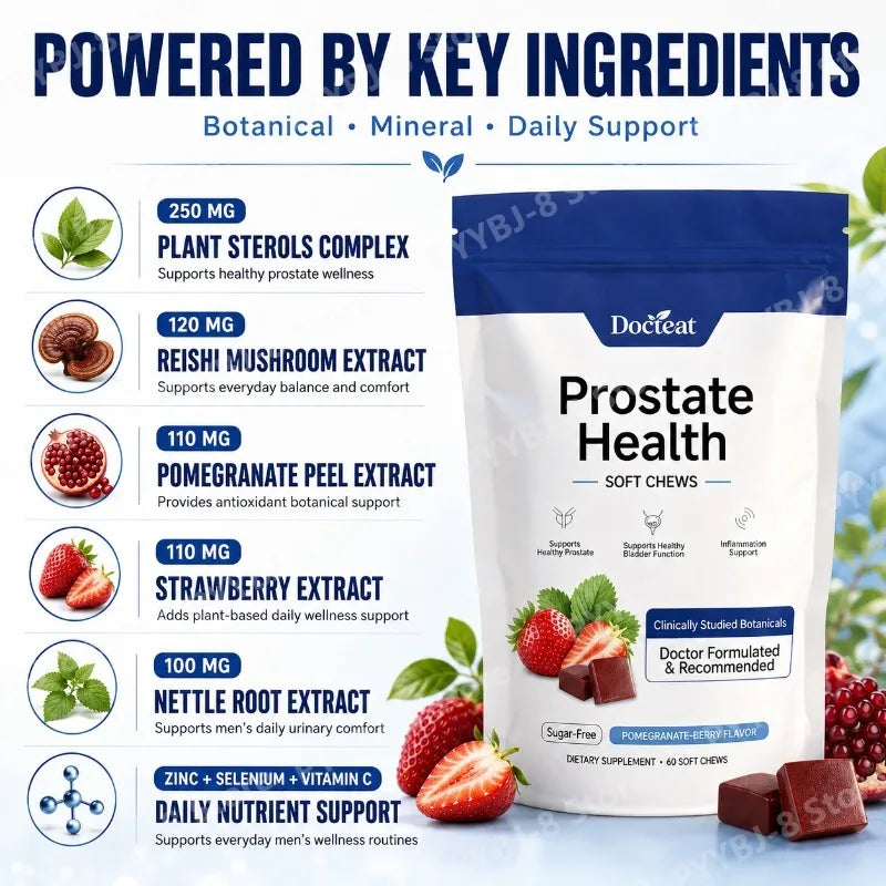 Men's Daily Prostate Health Supplement – Plant Sterols Beta-Sitosterol Zinc Vitamin C Selenium 60 Soft Chews Pomegranate-Berry