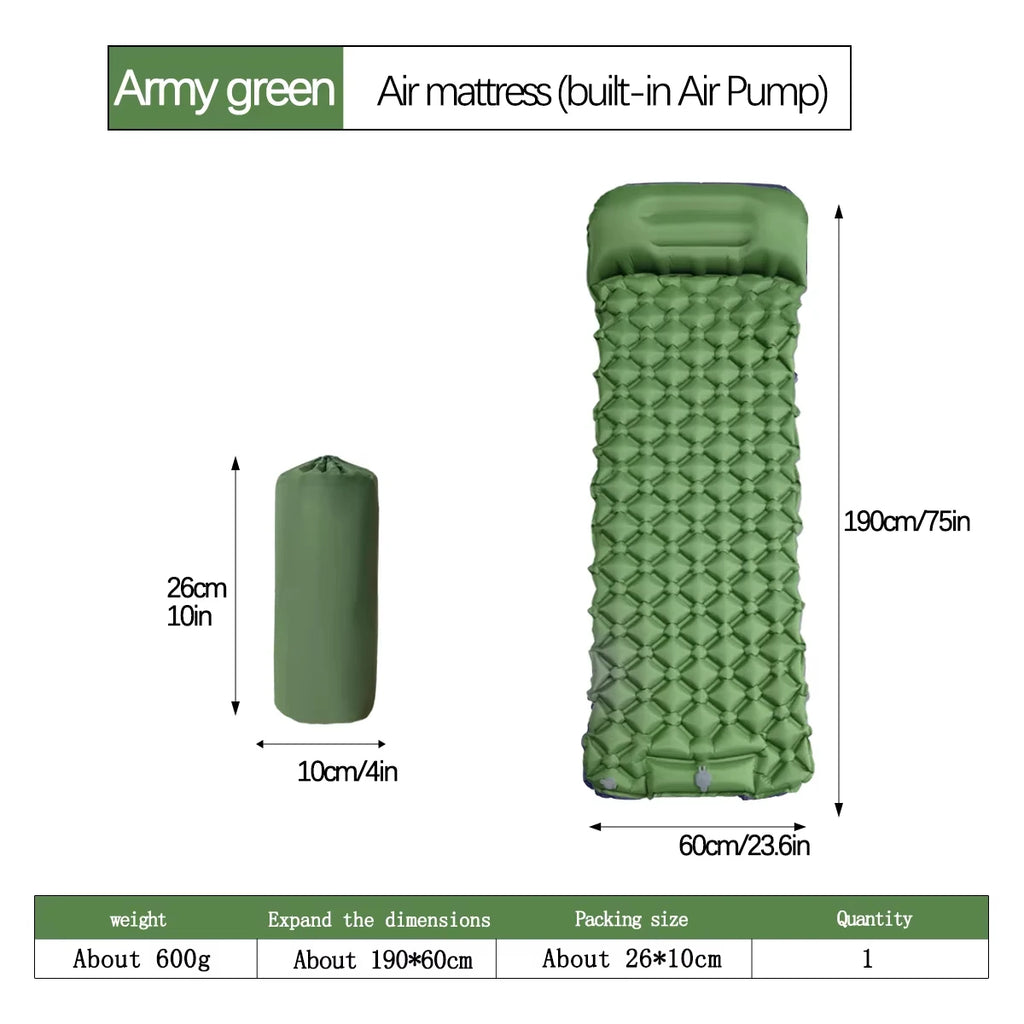 190*60cm Outdoor Camping Inflatable Mattress Sleeping Pad With Pillows Ultralight Air Mat Built In Inflator Pump Hiking RV