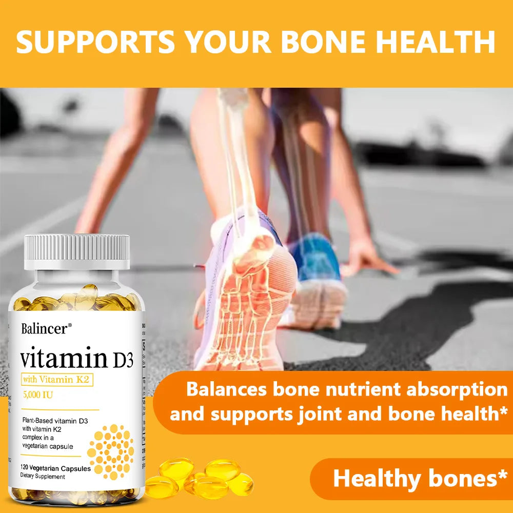 Vitamin D3 5000IU+ K2 (MK7) 1100mcg Capsules - Bone Teeth Joint Heart Circulation & Immunity System Health Support, Vegan