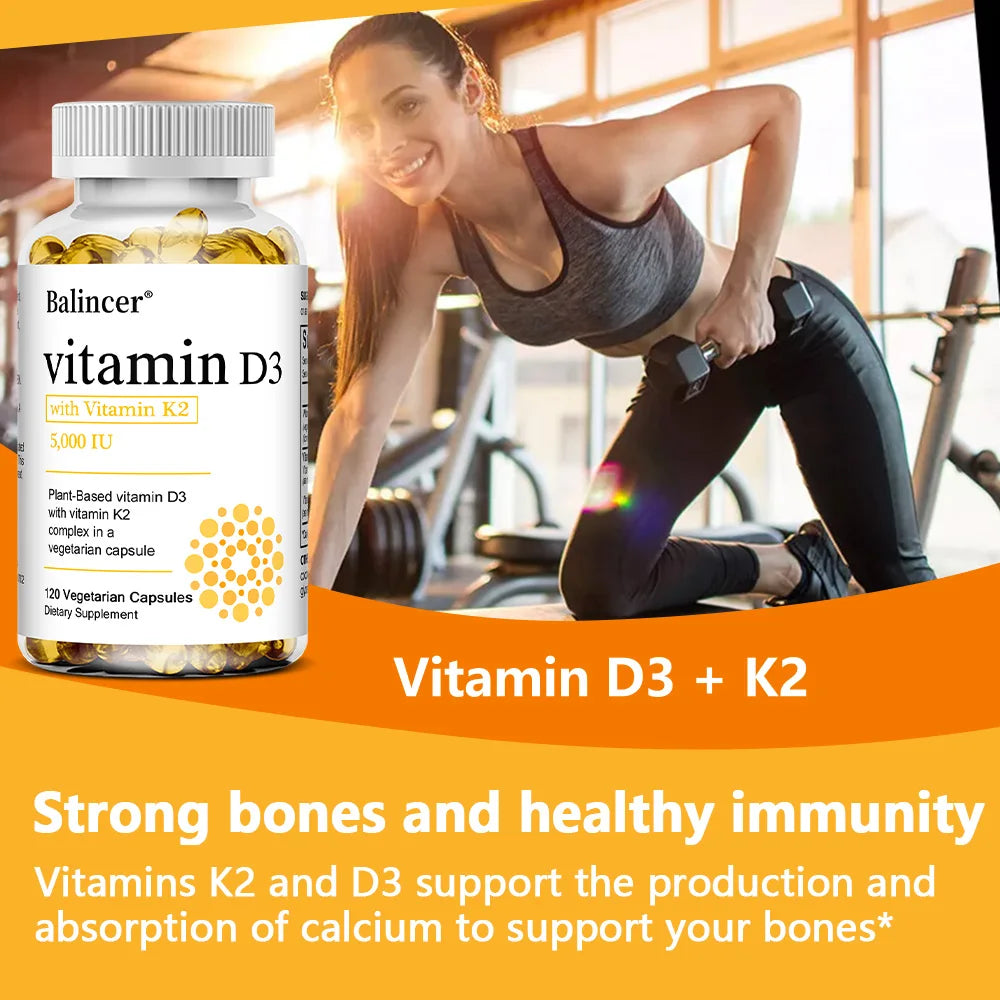 Vitamin D3 5000IU+ K2 (MK7) 1100mcg Capsules - Bone Teeth Joint Heart Circulation & Immunity System Health Support, Vegan