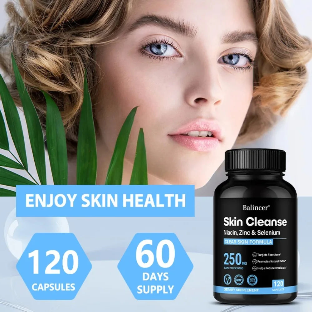 Skin Cleanse Supplements for Men, Women & Teens – Niacin, Zinc & Selenium, Skin Health & Immune Support – 120 Vegan Capsules