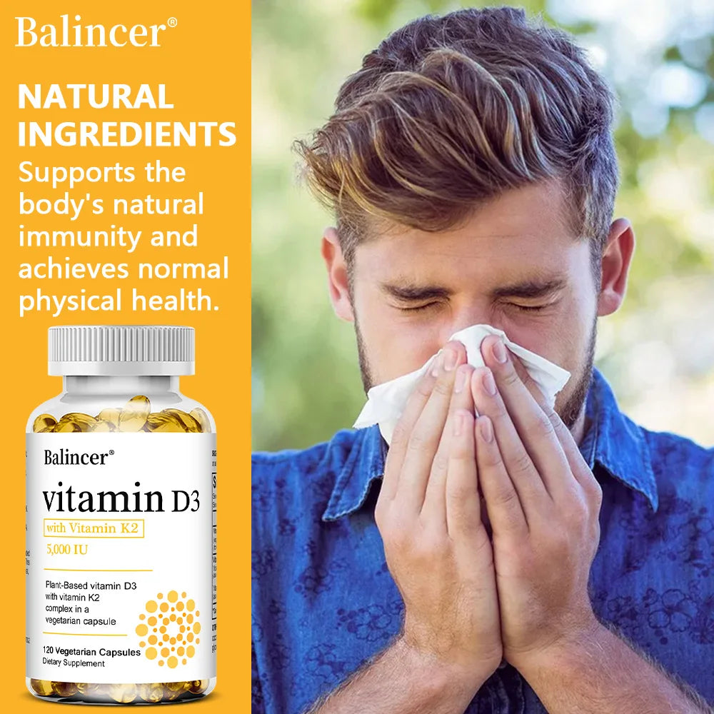 Vitamin D3 5000IU+ K2 (MK7) 1100mcg Capsules - Bone Teeth Joint Heart Circulation & Immunity System Health Support, Vegan