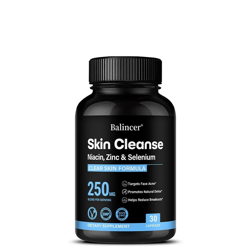 Skin Cleanse Supplements for Men, Women & Teens – Niacin, Zinc & Selenium, Skin Health & Immune Support – 120 Vegan Capsules