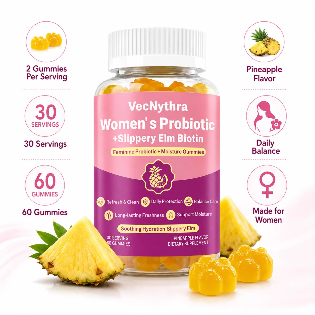 VecNythra Women's Daily Balance Probiotic Gummies with Vitamin C Slippery Elm Biotin 2 Billion CFU 60 Gummies