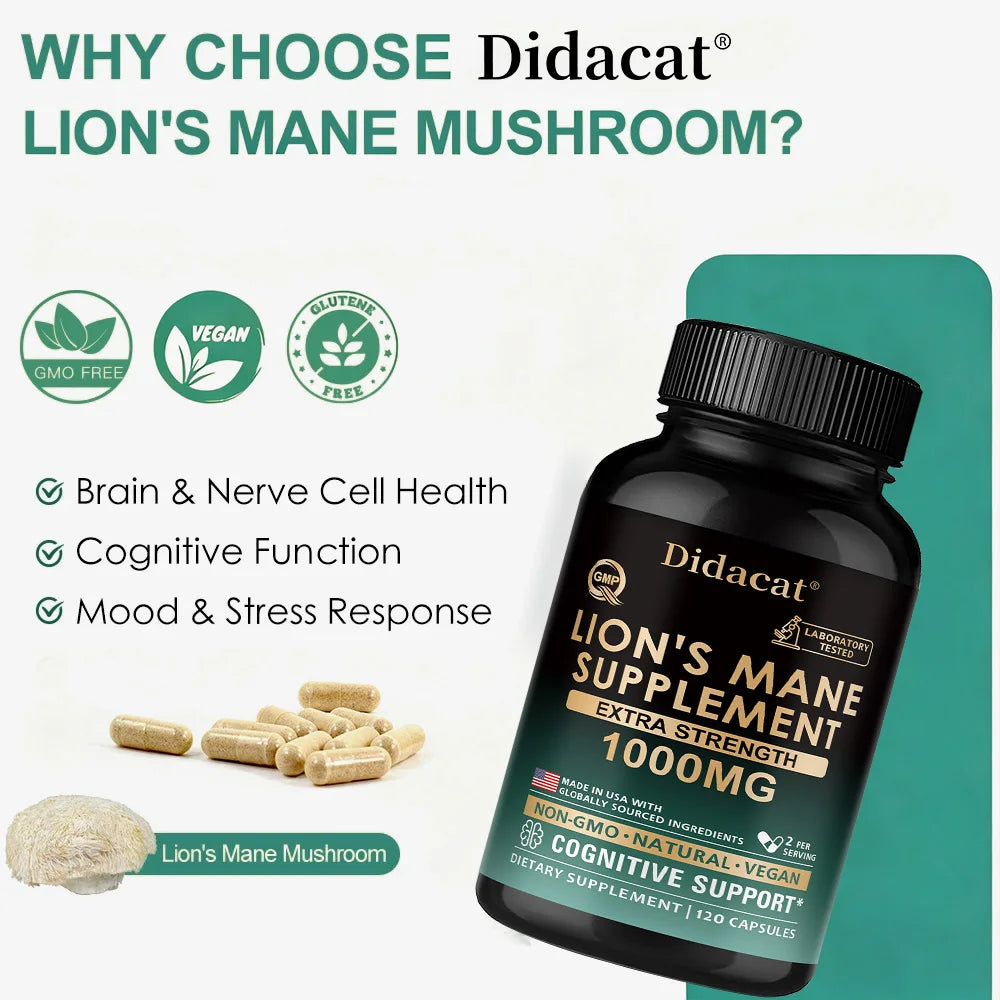 Lion's Mane Mushroom Capsules, Brain Wellness Supplement, Support Memory, Focus, Nerve Health, Mood, Energy & Immune Balance