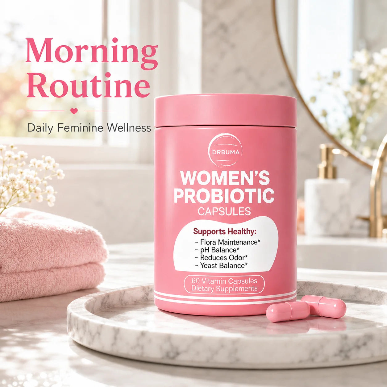 60-Capsule Probiotic Supplement for Women, Ideal Daily Dietary Nutritional Supplement, Portable Pink Bottle, Daily Care Partner for Females, Easy to Carry for Home, Office and Travel Use, Nutritional Supplement for Women’s Vibrant Lifestyle