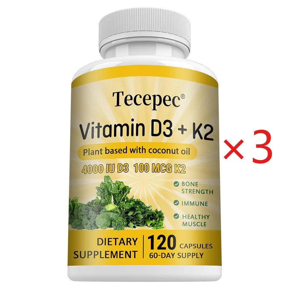 Vitamin D3 + K2, Supports Bone, Teeth, Digestion, Immune & Heart Health, Non-GMO, Dietary Supplement, 120 Capsules