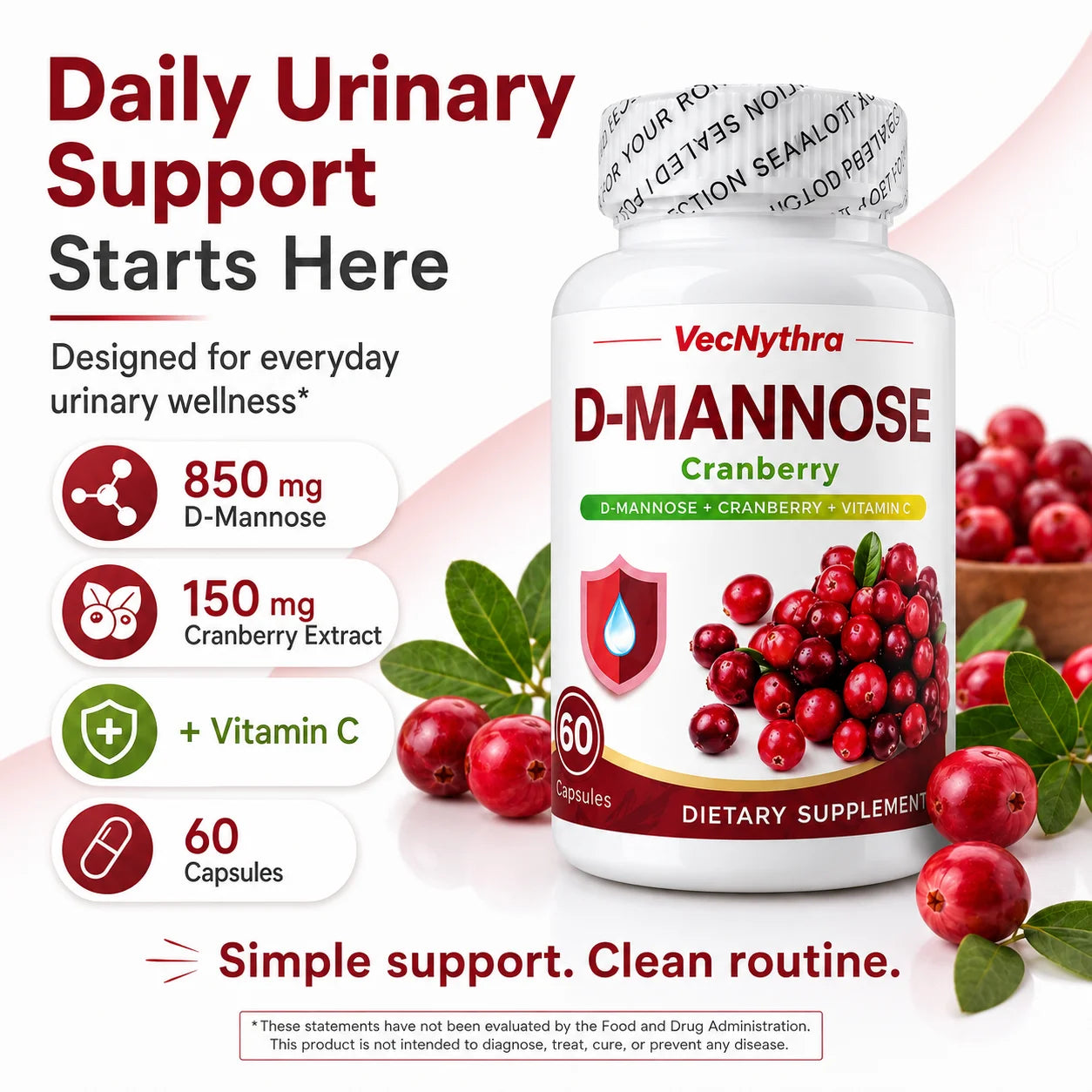 VecNythra Cranberry D-Mannose Supplement with Vitamin C Uva Ursi Leaf Extract for Women 60 Capsules 30 Day Supply
