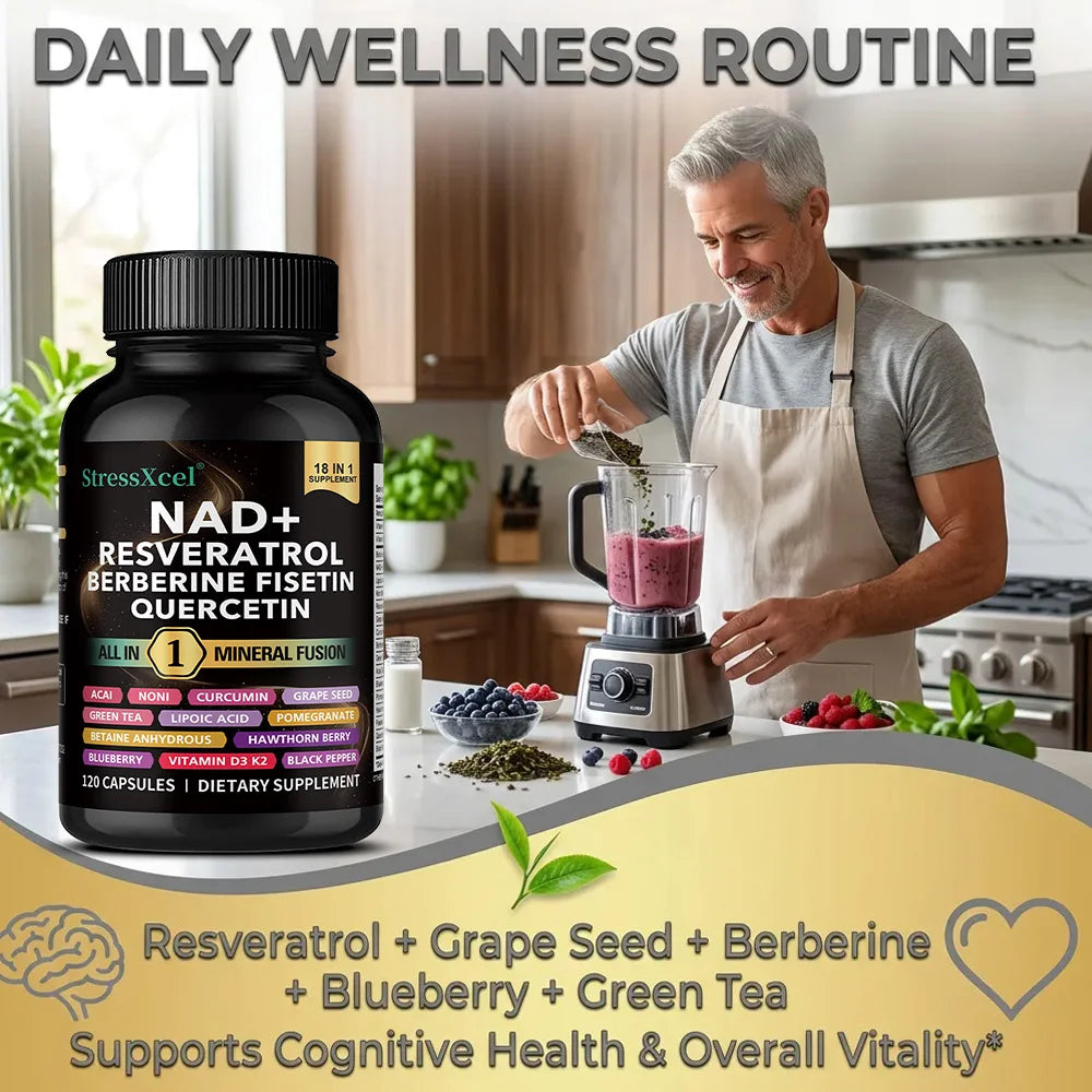 NAD+ Supplement with Resveratrol Quercetin Berberine, Boost NAD Levels, Anti-Aging, Cellular Energy & Heart Health, Antioxidant
