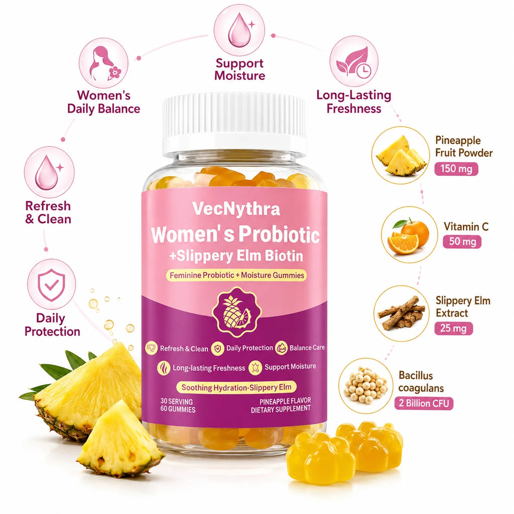 VecNythra Women's Daily Balance Probiotic Gummies with Vitamin C Slippery Elm Biotin 2 Billion CFU 60 Gummies