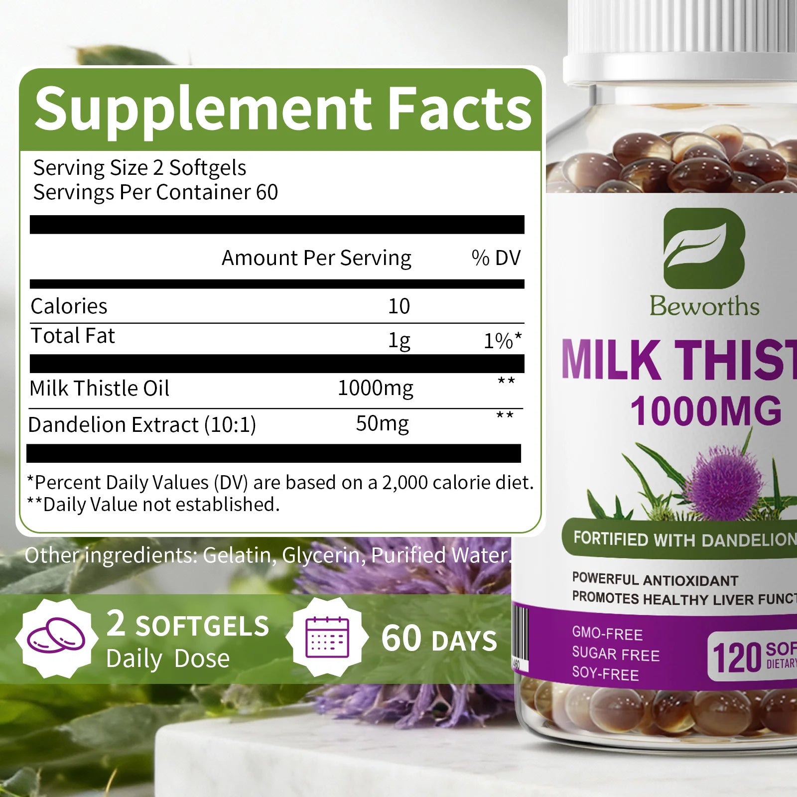 BEWORTHS Milk Thistle Extract Capsule for Liver Health Detox Liver Function Health Skin Care Gut Wellness Gluten Free Vegan