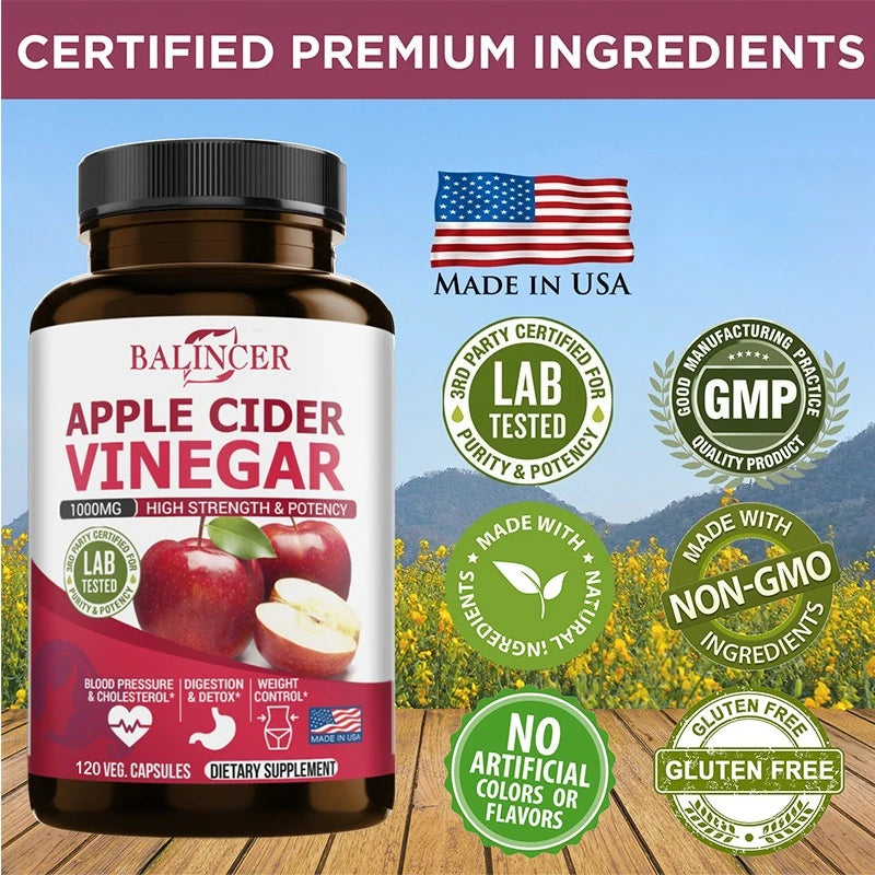 Apple Cider Vinegar Supplement - Fat Burning, Weight Management, Detox, Improves Digestion, Non-GMO- 120 Capsules